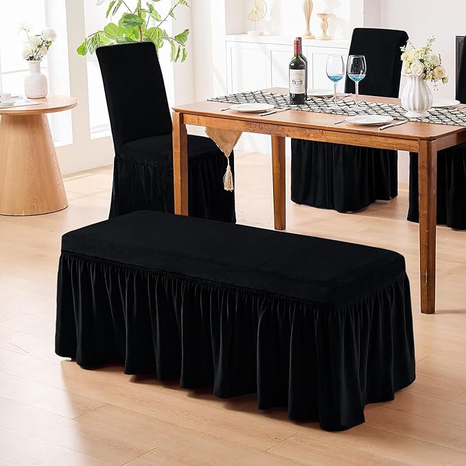 NICEEC Spandex Stretch Dining Bench Cover with Skirt Removable Bench Slipcover Rectangle Washable Bench Cushion Covers for Dining Room Living Room Bedroom Kitchen(Black)