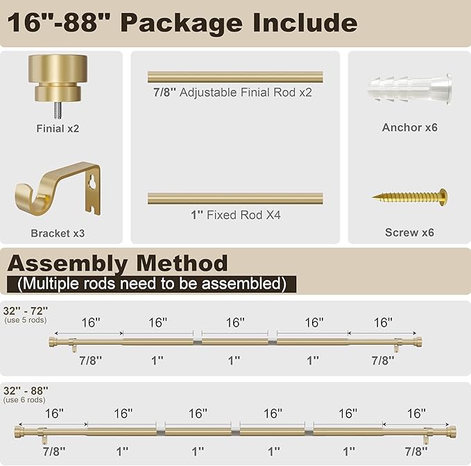 PORTRES Warm Gold Heavy Duty Curtain Rods for Windows 48 to 84 Inches Adjustable Length 1" Diameter Curtain Rod with Modern Decorative Finials for Outdoor Farmhouse Bedroom Kitchen Living Room