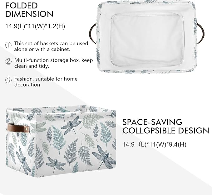 susiyo Large Foldable Storage Bin Fern Botanical Dragonfly Fabric Storage Baskets Collapsible Decorative Baskets Organizing Basket Bin with PU Handles for Shelves Home Closet Bedroom Living Room-2Pack