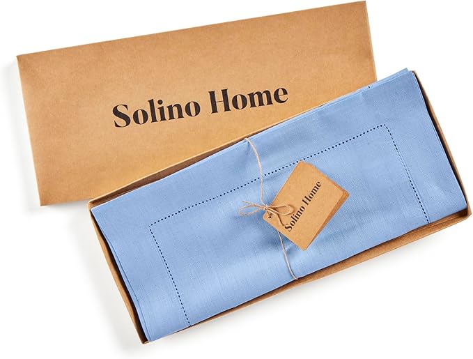 Solino Home Linen Cornflower Blue Hemstitch Table Runner 60 Inches - 100% Pure Linen Table Runner 14 x 60 Inch Ideal for Dresser and Coffee Tables - Classic Hemstitch - Spring, Easter