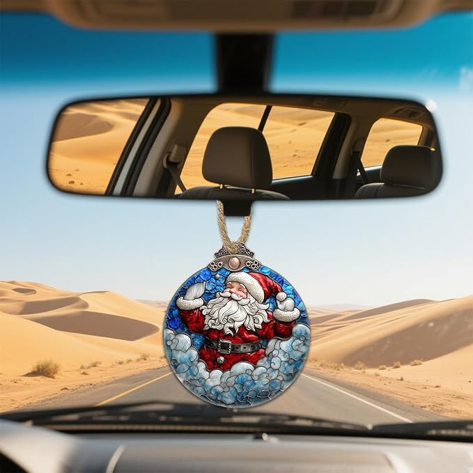 Stained Glass Christmas Decorations, Red Man Santa Claus Blue Cloud Suncatcher for Window Christmas Tree Hanging Ornaments Sun Catcher Xmas Decor Gifts for Women Men Mom Nana Friend