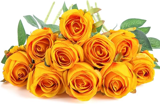Flojery 10pcs Artificial Rose Flowers Long Stem Fake Silk Roses for DIY Wedding Bouquet Table Centerpiece Home Decor (Orange)