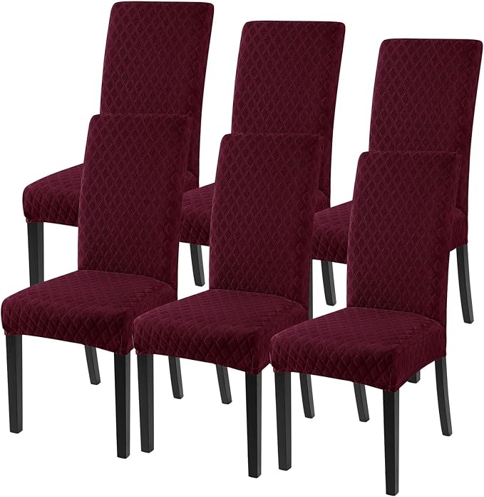 SearchI Dining Room Chair Covers Set of 6, Stretch Jacquard Parsons Chair Slipcovers Super Fit Removable Washable Kitchen Chair Protector Cover for Dining Room, Hotel, Ceremony (Wine Red)