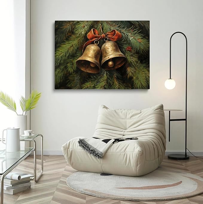 Victorian Country Christmas Art,Christmas Jingle Bells Wall Art,Brass Bells Poster,Winter Still Life Print,Christmas Oil Painting,Christmas Living Room Fireplace Office Decor12x16inch Framed Art