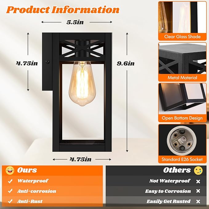 Outdoor Wall Light Fixtures, Exterior Waterproof Lanterns, Black Porch Lights with Glass Shade, Sconces Wall Mount Lighting with E26 Socket, Anti-Rust Wall Lamps for Patio Front Door Entryway, 2-Pack