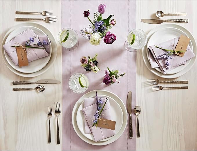 Solino Home Linen Table Runner 60 Inches - 100% Pure Linen Lilac Hemstitch Table Runner 14 x 60 Inch Ideal for Dresser and Coffee Tables, Valentines, Spring, Easter - Classic Hemstitch