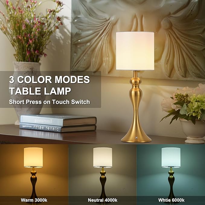 Table Lamp for Bedroom, Cordless Bedside Lamps for Living Room, Touch 3-Way Dimmable Desk Lamp for Night Stands, Rechargeable, Battery Operated Lamp with Fabric Shade for Dorm, Home Office (Brass)
