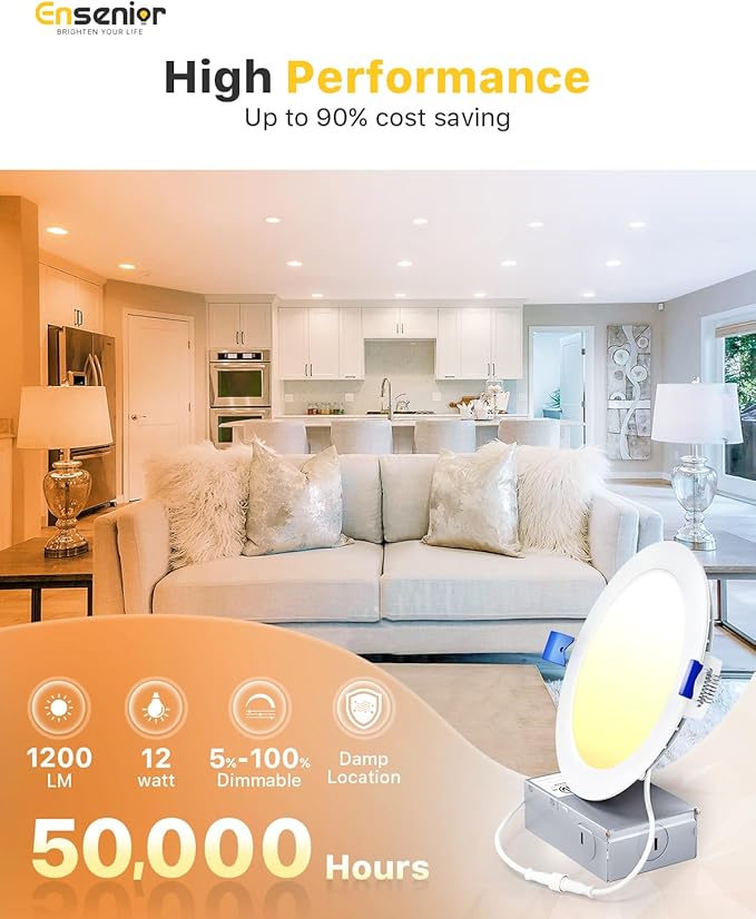 Ensenior 16 Pack 6 Inch LED Recessed Ceiling Light, Dimmable, 6000K Clear White, 1050LM 12W 120V, High Brightness Canless Wafer Downlight - ETL&FCC&IC