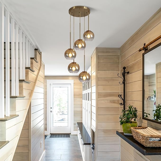 KCO Lighting 5 Light Cluster Pendant Light Gold Glass Pendant Light Mid Century Modern Dining Room Light Fixture Round Cluster Pendant Light Large Globe Chandelier Light Fixture
