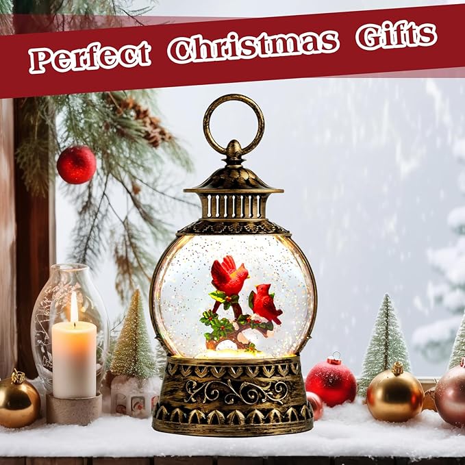 Cardinal Christmas Snow Globe, Cardinal Musical Snow Globe Lantern Lights with 6H Timer Battery & USB Powered, Retro Style Holiday Glitter Globe for Xmas Home Decoration Holiday Party Gifts