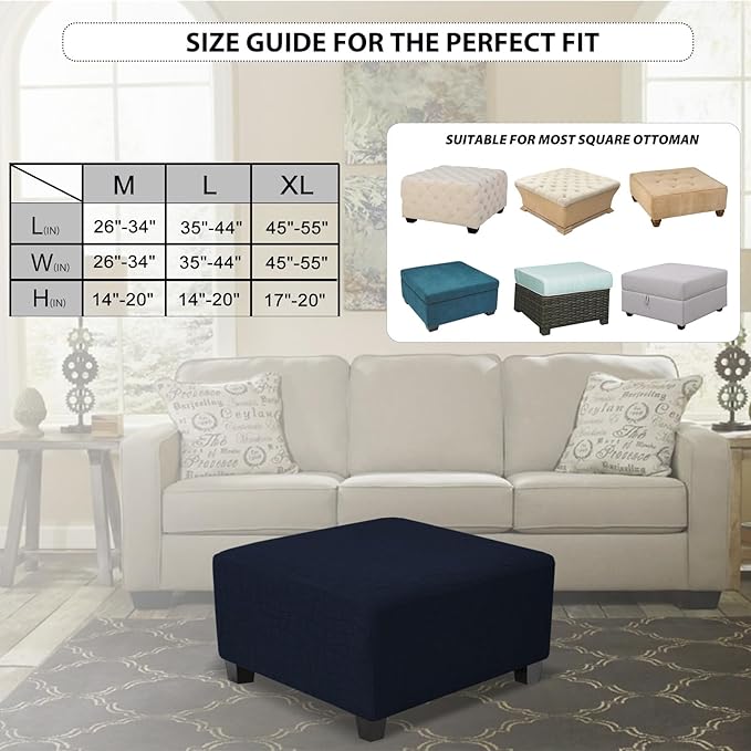 Square Ottoman Cover,Soft Stretch Jacquard Slipcover with Dual Waterproof Layers,Washable Furniture Protector for Pets,Large,Navy Blue