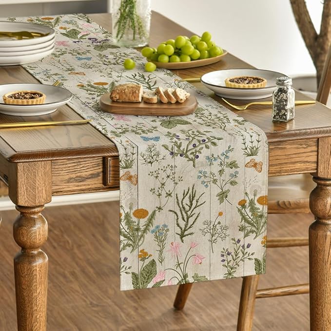 Artoid Mode Wood Wild Flowers Floral Spring Table Runner, Seasonal Summer Kitchen Dining Table Decoration for Home Party Decor 13x48 Inch