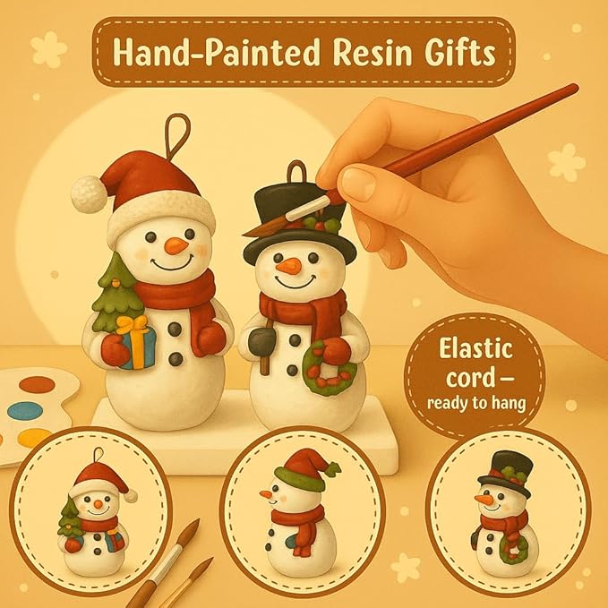 Christmas Snowman Ornament Set of 2 – Hand-Painted Resin Figurines with Hanging Cord, Cute Holiday Decorations for Tree, Mantel, or Gift – 4" Tall Lightweight Christmas Decor (Snowmen)