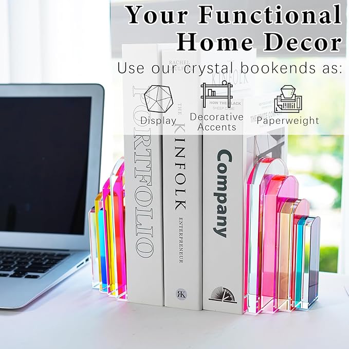H&D HYALINE & DORA Heavy Crystal Bookends Colorful Decorative Non-Skid Geometric Bookends for Shelves,Decorative Book Holders for Home and Office,Modern Sturdy Book Holders for Heavy Books