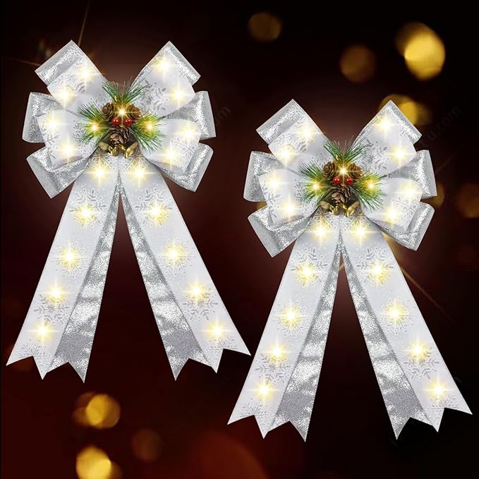 2 Pcs Pre-Light Christmas Decorative Bows for Wreath, 20 X 12” Large Christmas Tree Topper Bow with Bells, Berry, Pine Cones, 40 LED Silver Snowflake Ornament Bow for Indoor/Outdoor- White