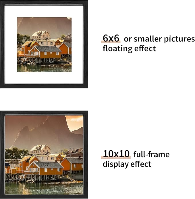 10x10 Floating Picture Frame Set of 2, Double Glass Photo Frame Wooden Frame for Wall Mount or Tabletop Displays for 5x7, 6x8, 7x9 inch Pictures, Plane Edge Frames, Black