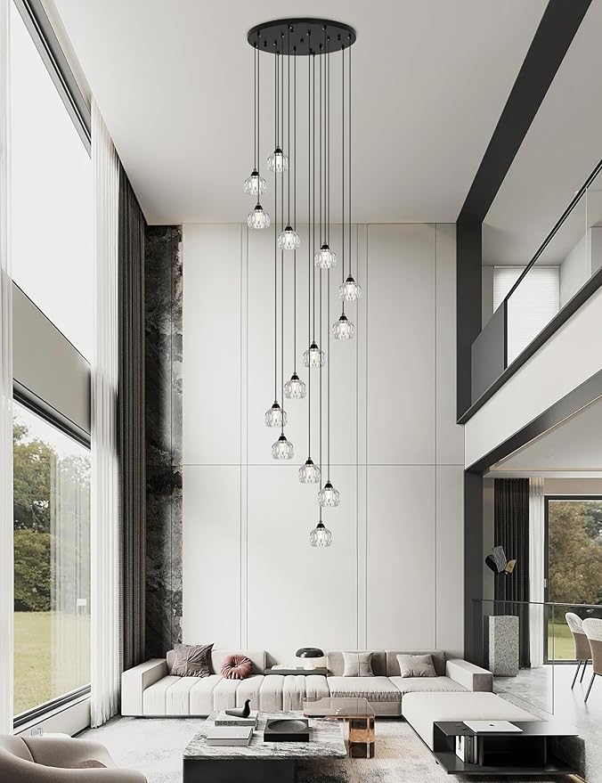 Crystal Chandeliers for Staircases, 14-Light Black Modern Chandeliers for High Ceilings，Crystal Pendant Light Fixture for Living Room Kitchen Island Foyer Hallway Bar