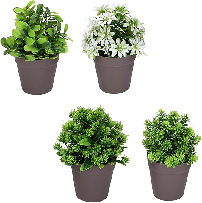 VENTO 4 Pack Fake Artificial Plants with Brown Pots, Realistic Succulent, shrubs Potted Plants for Home, Kitchen, Bathroom, and Office Decor, Durable Non-Toxic Plastic, UV Resistant, Easy to Clean