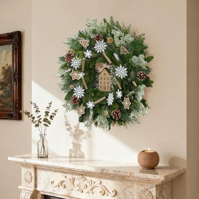 24" Winter Wreath with Wooden House Ornaments, Snowflakes, Deadwood Branches, and Pinecones—Christmas Wreaths, Indoor Outdoor Home Snow Scene Holiday Winter Door Wreath, Natural Forest Theme