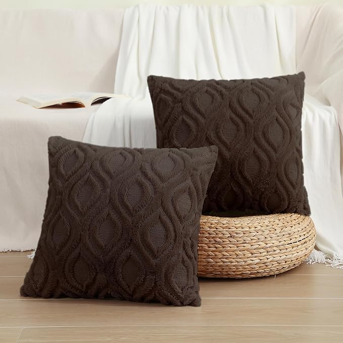 decorUhome Throw Pillow Covers 26x26 Inch Set of 2, Soft Plush Faux Wool Brown Solid Couch Pillow Covers, Accent Farmhouse Neutral Square Pillow Cases for Sofa Bed Living Room