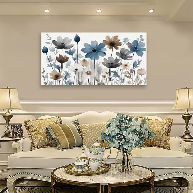 KZKU Flowers Canvas Wall Art - Floral Pictures for Wall Decor Indigo Brown Grey Canvas Prints Nature Printing Artwork for Living Room Bedroom Home Office Wall Decoration 24" x 48"