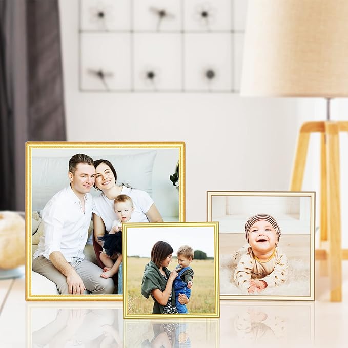 4x4 Picture Frame Set of 2, Champagne Modern Simple Thin Aluminum Metal Square Photo Frames with HD Real Glass, Display for Tabletop and Wall Collage, 2 Pack