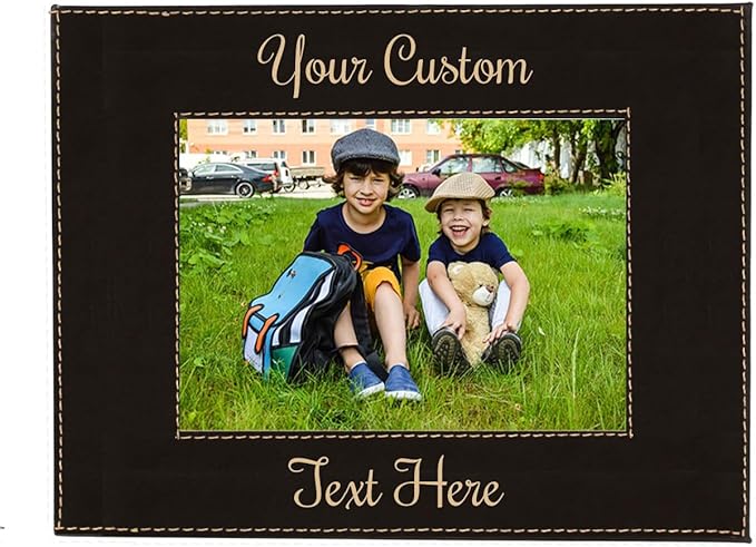 CustomGiftsNow Personalized Add Your Custom Text Engraved Leatherette Faux Leather Hanging/Tabletop Personalized Group Family Photo Picture Frame (Black/Gold, 8x10-Inch Horizontal)