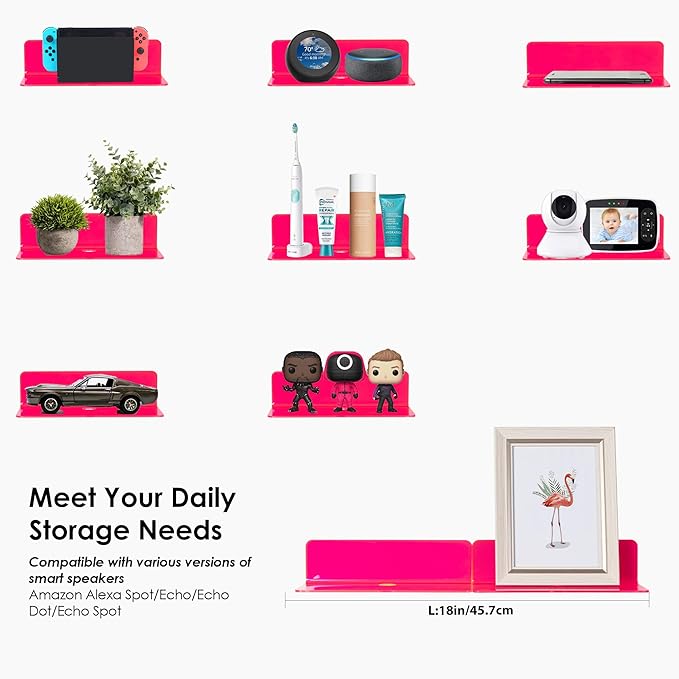 OAPRIRE Acrylic Floating Shelves Set of 2 - Easily Expand Wall Space - Small Wall Shelf with Strong Adhesive for Bedroom, Kids' Room, Bathroom, etc (Fluorescent Pink)