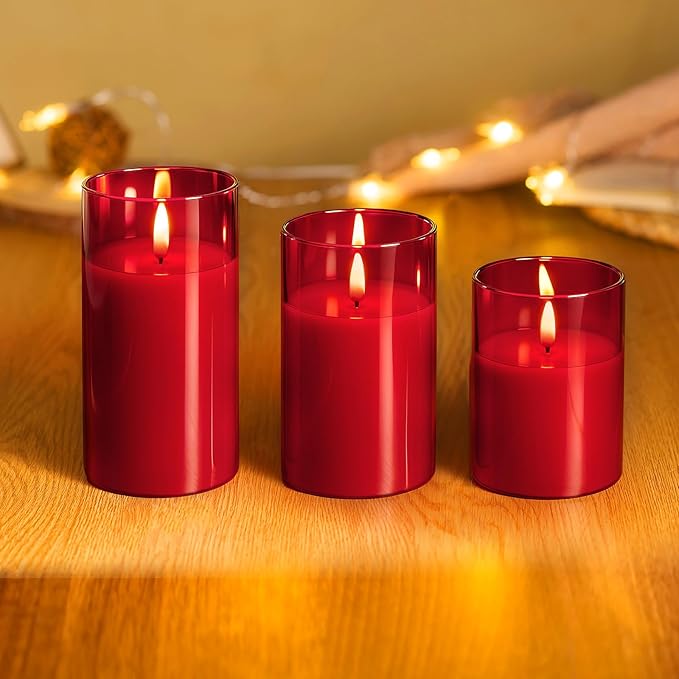 Tyawon Glass Battery Operated LED Flameless Candles with Remote and Timer, Real Wax Candles Warm Color Flickering Light for Festival Wedding Home Party Decor(Pack of 3)-Red
