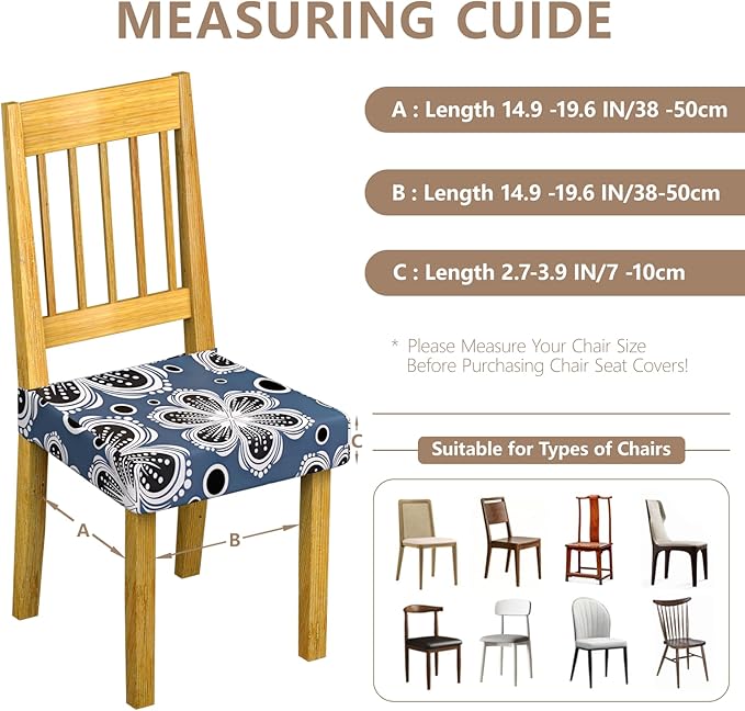 Stretch Dining Chair Seat Covers Set of 6,Dining Chair Slipcovers, Floral Printed Chair Covers,Soft Fabric Washable Upholstered Chair Seat Protector, No Rear Covers for Home Kitchen Dining Room