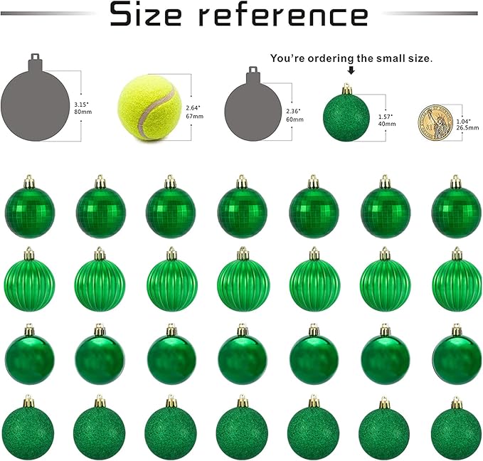 Small Size 28ct shatterproof Christmas Ball Ornaments in 4 Classic finishes for Christmas Tree Decoration (Green, 1.57“ Mini Size)