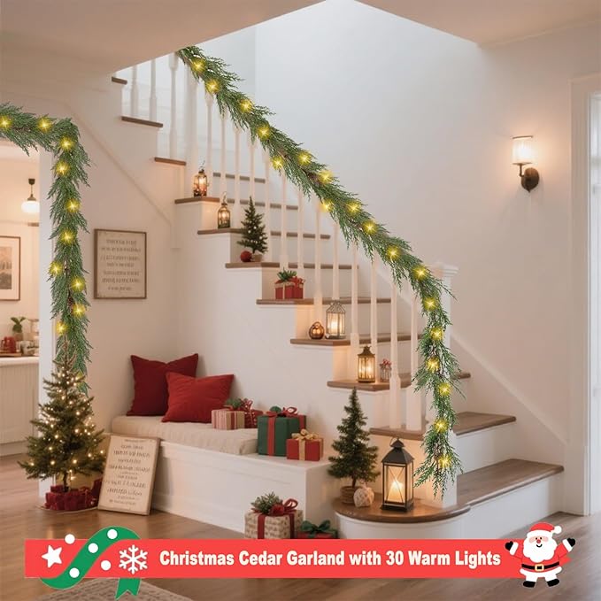 Artgar 2Pcs Christmas Cedar Garland, 6 Ft Realistic Pine Garland, Prelit Christmas Garland with 30 Warm Lights with 8 Light Modes for Mantels Stair Table Indoor Outdoor Winter Xmas Decor (Green 2Pcs)