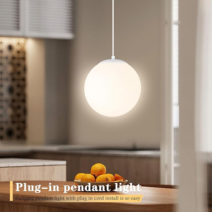 KoKo&Yukina 10" Globe Pendant Light White Plug in Pendant Light Adjustable Hanging Lights with Plug in Cord Matte White Finished with Milk Glass Lampshade for Bedroom Kitchen Island（Bulb Included）