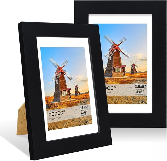 4x6 Picture Frame Set of 2, 4 x 6 Wood Photo Frames with Mat for 3.5x5, Wooden Frame with Real Glass Cover for Wall and Tabletop Display,Black