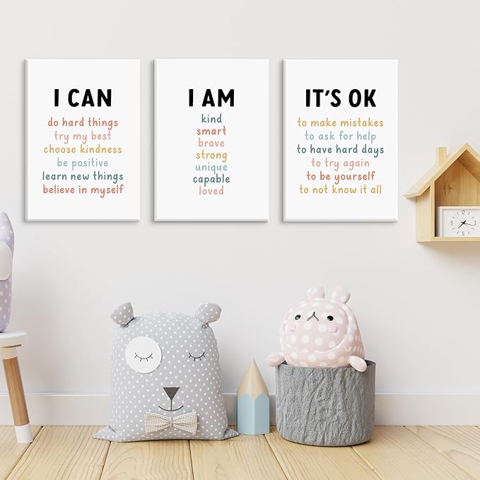 Kids Affirmation Wall Art Positive Canvas Wall Decor Inspirational Quotes Wall Art Motivational Words Pictures Daily Affirmations Poster Nursery Prints for Playroom Children Room 12x16x3 Inch Framed