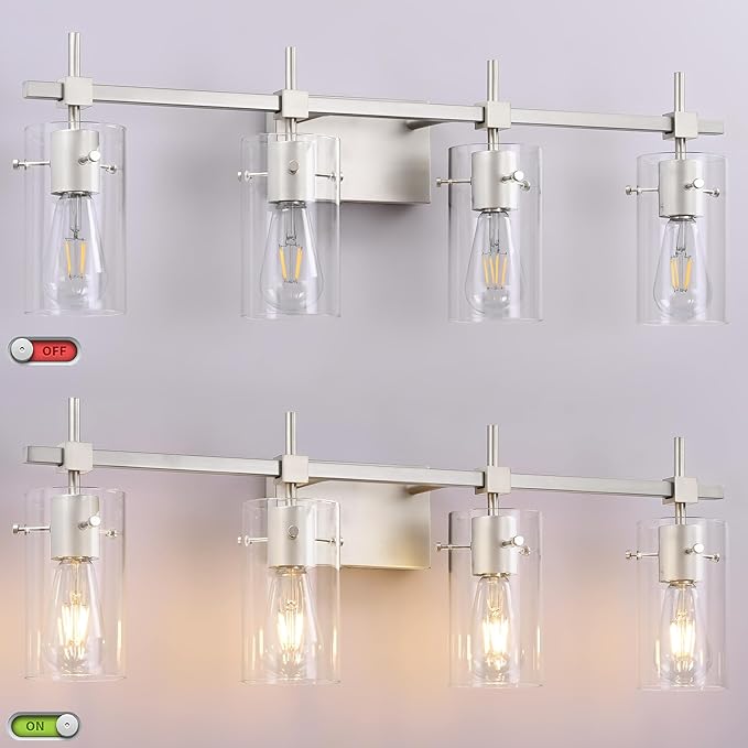 SOLFART 4 Light Bathroom Vanity Lights Bathroom Lights Over Mirror Vintage Bath Lighting Brushed Nickel Wall Sconce with Glass Shade