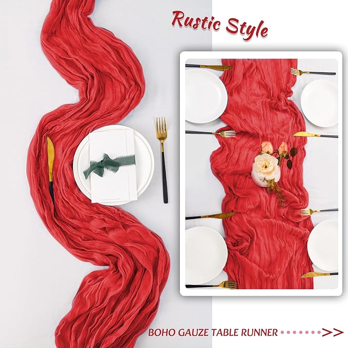 10 Pack Red Cheesecloth Table Runner,10FT/120 Inch Boho Gauze Fabric Table Runner,Rustic Sheer Red Cheese Cloth Runner Bulk for Wedding,Bridal Baby Shower,Christmas Party,Holiday Home Table Decor
