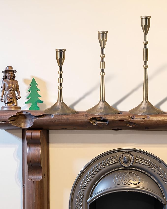 Vintage Taper Candle Holders Set | Handmade 3-Piece Candlestick Decor for Table Centerpiece, Farmhouse Kitchen & Party Lighting (Bronze)