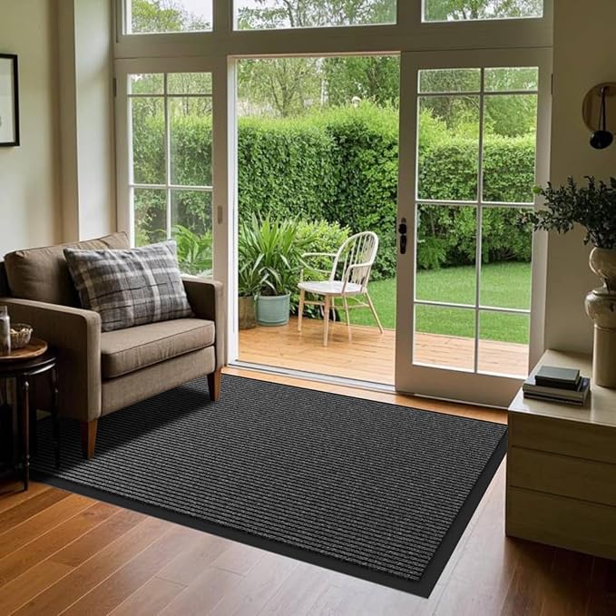 Front Door Mat, 2' x 6' Heavy Duty Indoor Outdoor Welcome Mat for Entryway, Commercial Entrance, Low Profile, Non-Slip, Durable Rubber Backing for Patio, Home