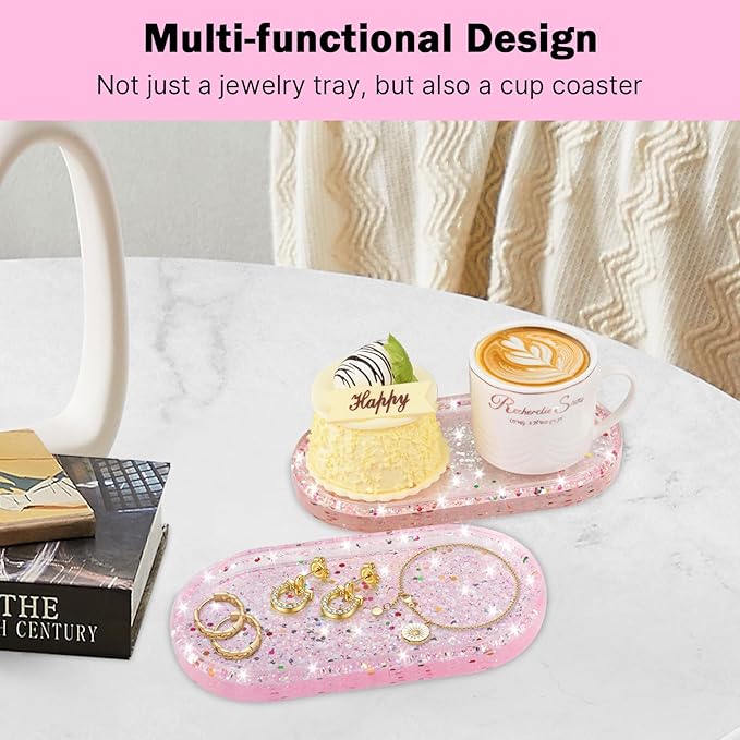 Jewelry Tray Ring Dish: Resin Trinket Dish with Flash Art - Key Tray - Jewelry Plate Holder for Cute Vanity Decor (1, Pink Flash)