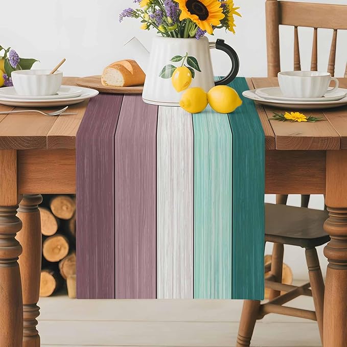 Aqua Green Purple Summer Table Runner, Nautical Coastal Beach Farmhouse Cotton Linen Holiday Table Decor for Home,Kitchen,Dining Room,Indoor,Outdoor,18X72 Inches Long, Retro Rustic Barn Wood Texture