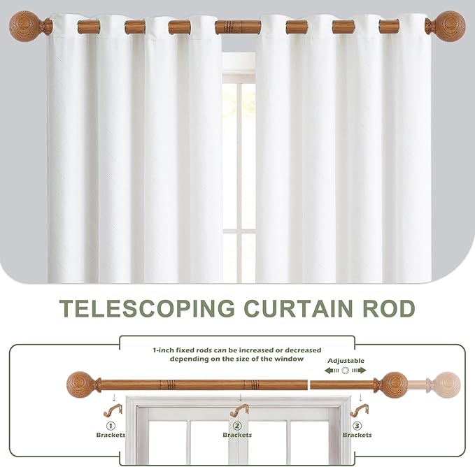Wood Curtain Rods for Windows 72 to 144 Inch,1 Inch Wood Grain Ball Adjustable Long Curtain Rod,Boho Heavy Duty Curtain Rods,Farmhouse Rustic Single Window Curtain Rod,Brown Drapery Rods 72-144"