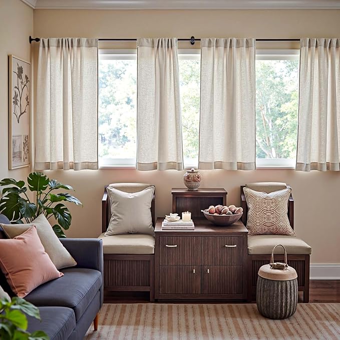jinchan Short Linen Curtains 63 Inch Length 2 Panels Set Window Curtains for Living Room Bedroom Light Filtering Farmhouse Drapes Aesthetic Decor Kitchen Drapes, Back Tab, Linen Natural, 50W x 63L