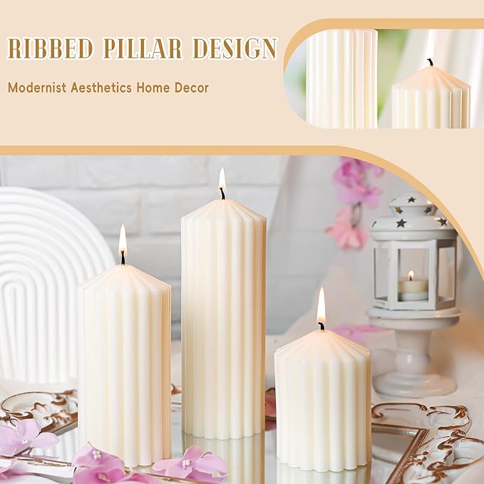 3 Pack Cream White Ribbed Pillar Candles,Soy Wax Large Pillar Candles 2.8x4,6,8inch for Home,Housewarming Gift, Shelf & Table Decor,Smokeless Non-Toxic Pillar Candle-Aesthetic Modern Candles Set