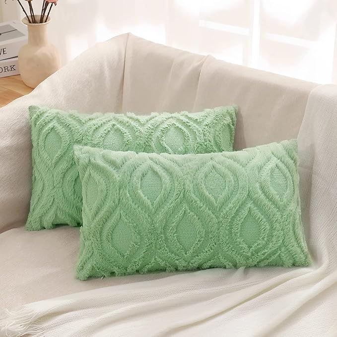decorUhome Throw Pillow Covers 12x20 Inch Set of 2, Soft Plush Faux Wool Light Sage Green Solid Couch Pillow Covers, Accent Farmhouse Neutral Lumbar Pillow Cases for Sofa Bed Living Room