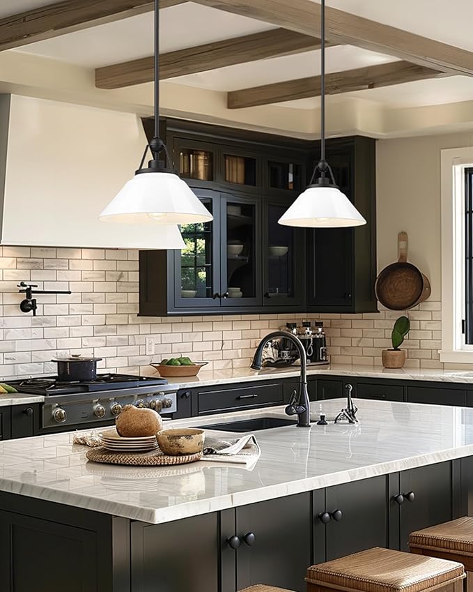 White Pendant Light Fixture, HWH Modern Kitchen Island Light Fixtures 12 Inch, 1-Light Hanging Lighting for Dinning Room Schoolhouse, Black Metal and White Opal Glass Shade, 5HYS89MIL-G BK