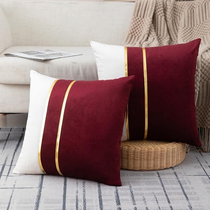 ZLINA Set of 2 Velvet Decorative Throw Pillow Covers Red White Patchwork with Gold Leather Pillow Covers 18 × 18 Inch Cushion Covers Decor Living Room Sofa Bedroom Car