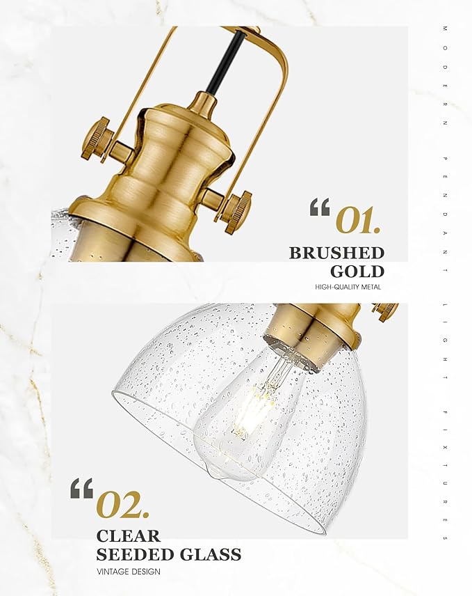 Pendant Lights Kitchen Island 2 Pack, 7.5" Farmhouse Pendant Lighting with Clear Seeded Glass Shade, Vintage Hanging Light Fixtures for Dining Room, Brushed Gold, AD-22151-1P2-GD