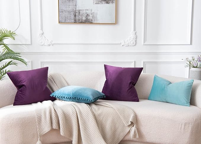 JUSPURBET Throw Pillow Covers Set of 2 Decorative Velvet Pillow Covers for Couch Sofa Bed Soft Cushion Covers Cases with Invisible Zipper for Living Room Home Decor,Eggplant Purple,14x14 inch