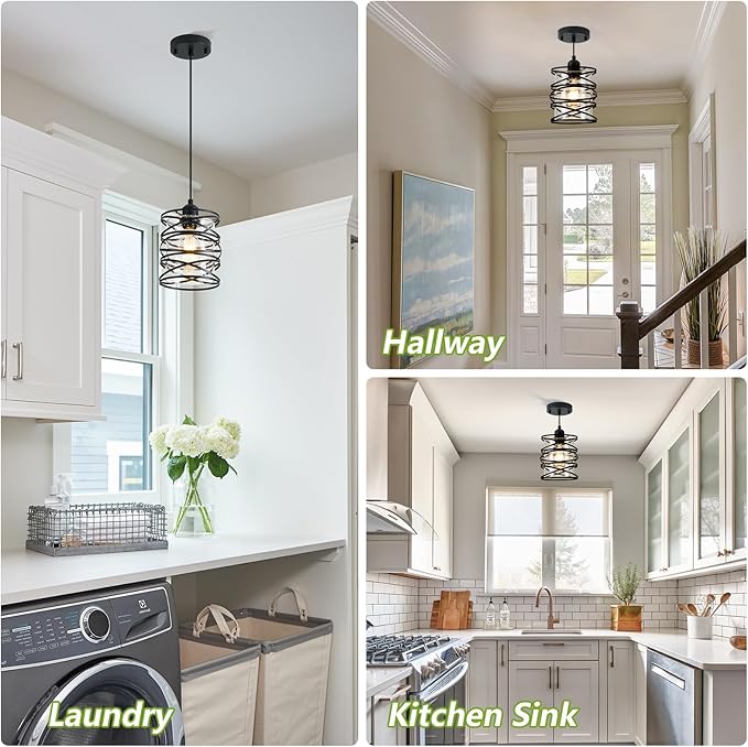 1-Pack Pendant Light Fixtures 6.3Inch Black Spiral Kitchen Island Light Modern Metal Cage Handblown Seeded Glass Ceiling Hanging Light Adjustable Cord for Dining Room Foyer Hallway, E26